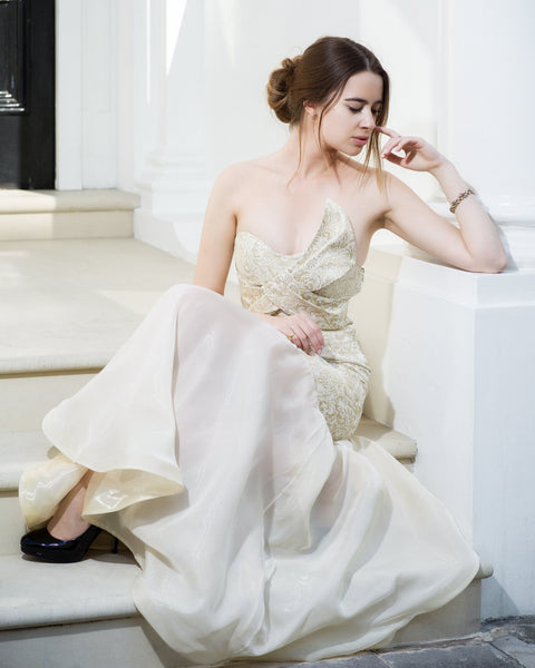 50's Metallic-Gold Silk-Brocade Strapless Cocktail Dress STYLE 01