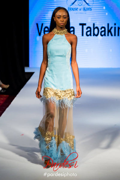 Luxury velour gown with golden lace and ostrich feathers STYLE 105