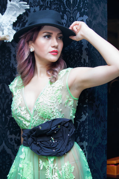 Nude Neon DRESS with black 3D Flower belt